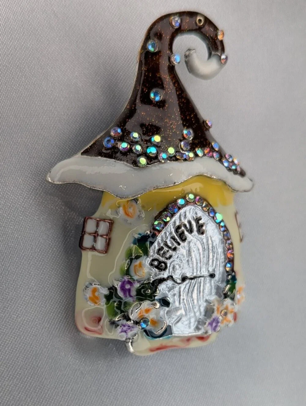 Enamel Fairy House Cottage Brooch Pin BELIEVE Clock Rhinestones Whimsical